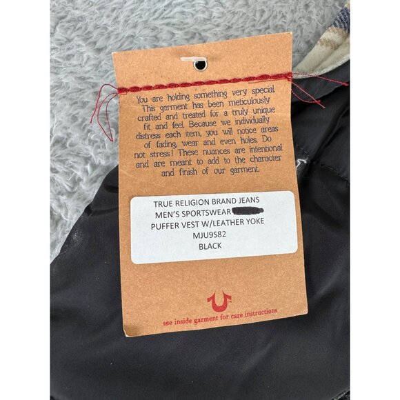 True Religion Mens Med Black/Cream Snap Puffer Vest W/ Leather Yoke NWT - Picture 6 of 13